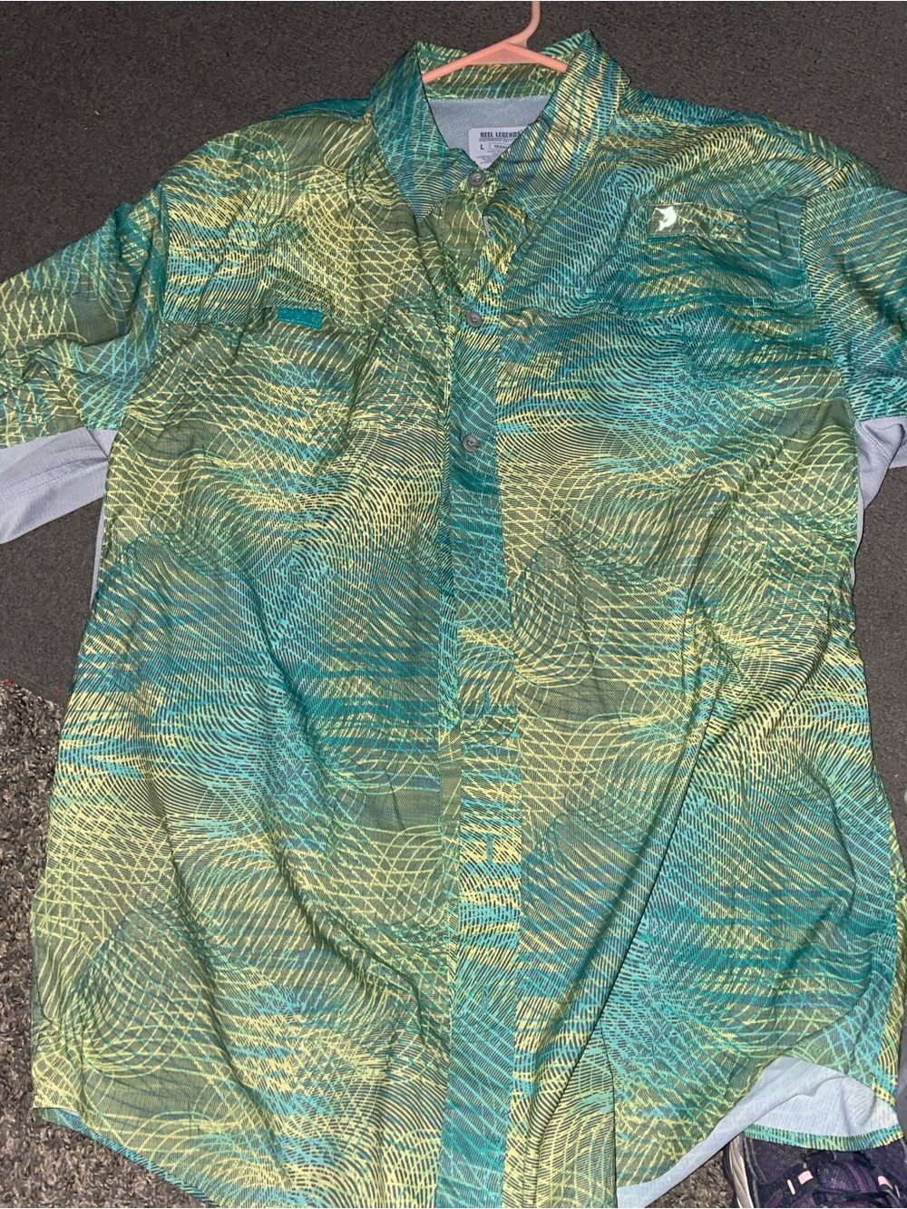 Reel Legends Turquoise & Lime Patterned Fishing Mariner Large Shirt